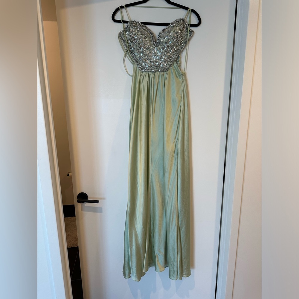 Crystal Sheer Bodice Boned Mini Ball Gown Prom Dress - Mint Green